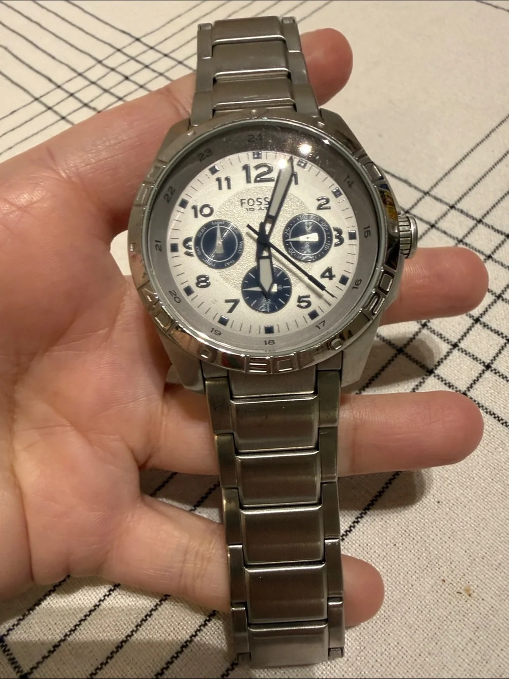 Fossil Silver Watch with White Dial and Blue Subdials